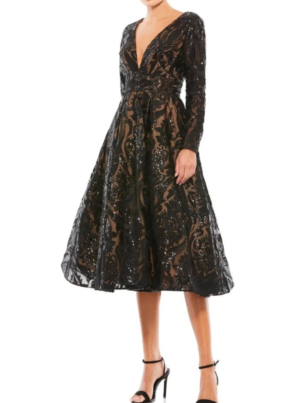 Mac Duggal Black Nude Embellished Long Sleeve Midi Dress